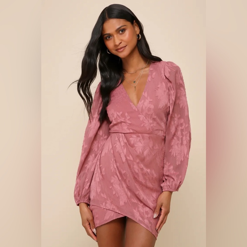 LULUS Meant to Shine Mauve Floral Jacquard Long Sleeve Mini Dress Size XL NWT